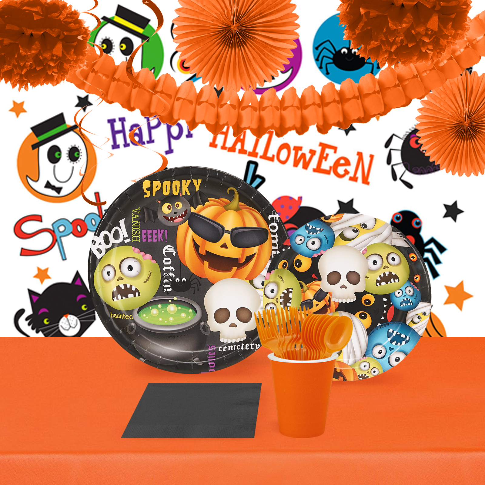 Halloween Emoji 16 Guest Tableware & Room Decor Kit - PartyBell.com